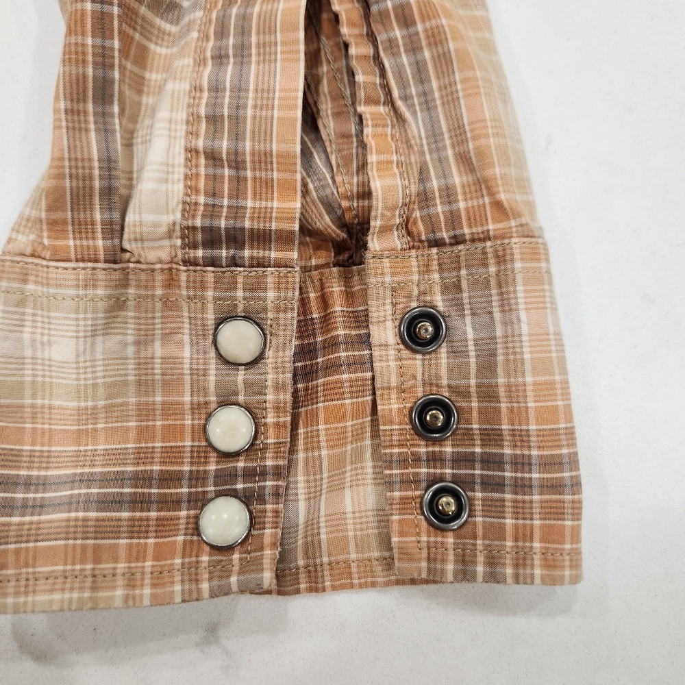 Lucky Brand Shirt Mens Large Brown 100% Cotton Pearl Snap Stretch Plaid Western - Picture 5 of 10